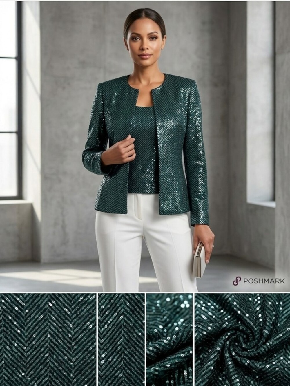 Xscape by Joanne Chen Sz L Women's 2 Piece Cardigan Set Green Glitter Chevron
